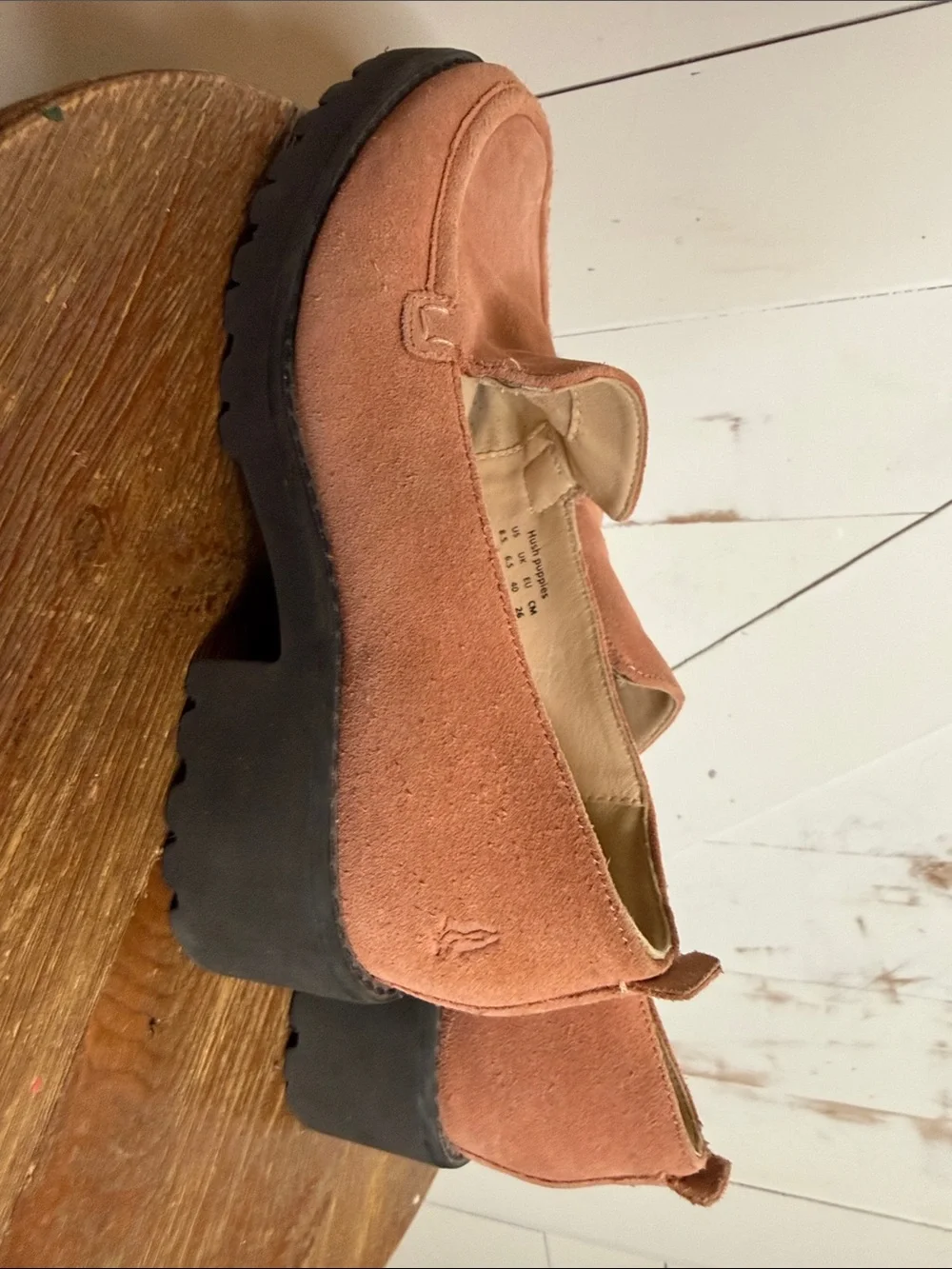 Hush Puppies Lucy Suede Loafers in Dusty Pink with Chunky Black Sole